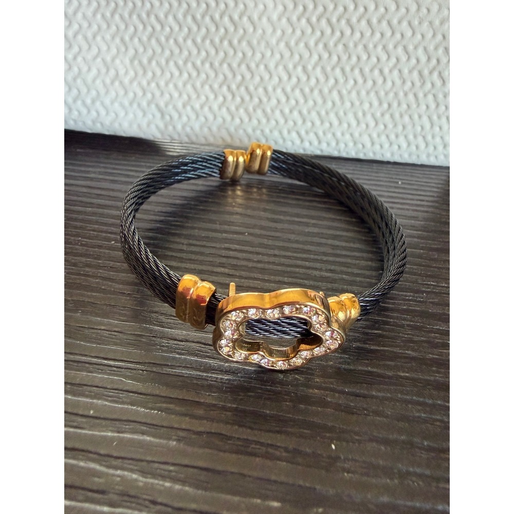 BS Stainless Steel Black‎ Cable Wire Cuff Bracelet Gold Tone Crystal Flower